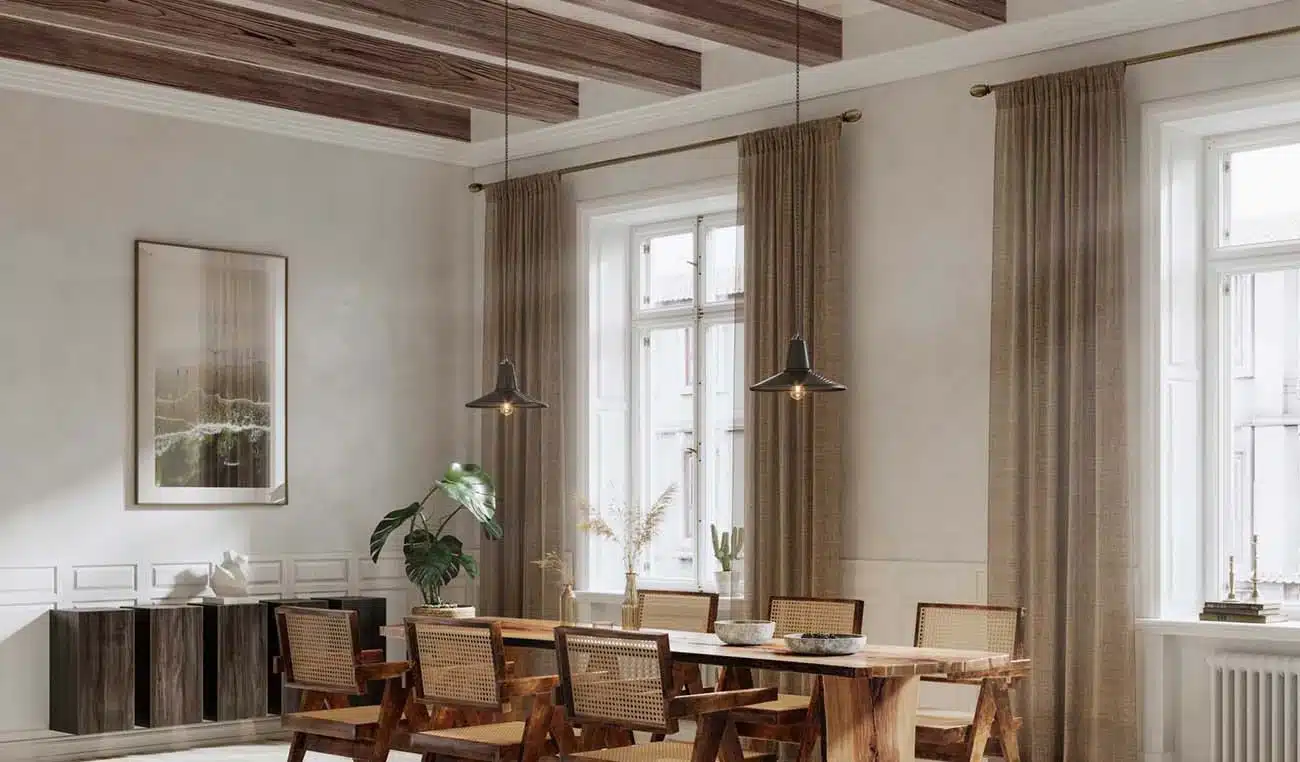 Inšpirácia zariadeného interiéru jedálne s garnižou závesmi a priznaným dreveným stropom